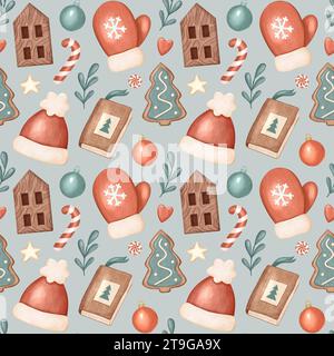 Motivo a pastello per Natale e felice anno nuovo senza cuciture per tessuti, confezioni, stampe, biglietti. Collezione di simboli natalizi. Stagione delle vacanze invernali. Foto Stock