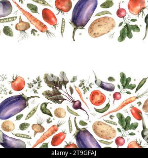 Cornice ad acquerello da una serie di verdure: Melanzane, cipolle, barbabietole, peperoni, arcobaleni, aneto, carote, piselli, patate, prezzemolo, spinaci Foto Stock