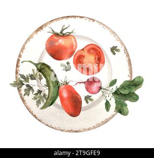 Illustrazione ad acquerello con piatto e verdure: Pomodoro, pepe, ravanello, prezzemolo. Composizione su sfondo bianco. Clipart disegnato a mano utilizzato Foto Stock