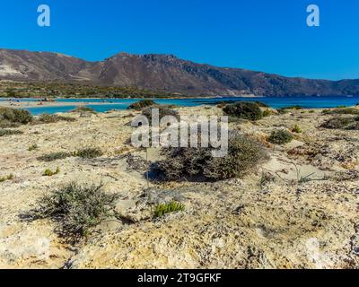 Una vista sull'isola dalla spiaggia di Elafonissi, Creta guardando verso la terraferma Foto Stock