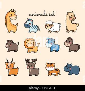 Gli animali disegnati a mano colorano gli elementi. Set di personaggi dei cartoni animati. Illustrazione vettoriale isolata. Illustrazione Vettoriale