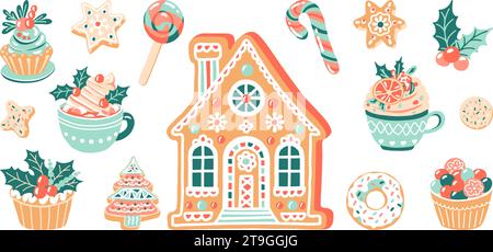 Set di dolci natalizi. Dolciumi natalizi - pan di zenzero, caramelle e cupcake per l'inverno. Bevanda calda con marshmallow e panna. Vettore isolato Illustrazione Vettoriale