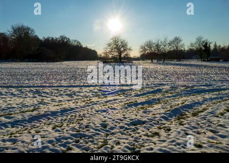 Sonnenuntergang auf einer verschneiten Wiese Nähe Baden-Baden Foto Stock