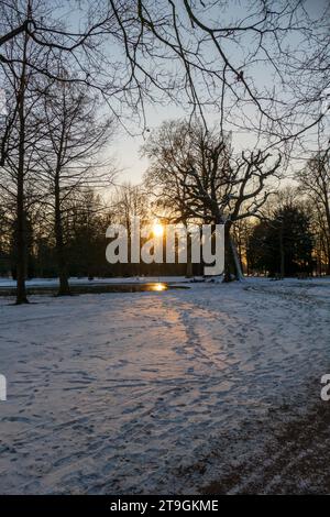 Sonnenuntergang auf einer verschneiten Wiese Nähe Baden-Baden Foto Stock