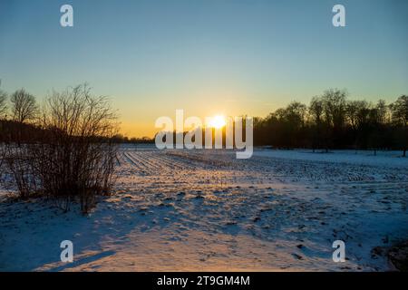 Sonnenuntergang auf einer verschneiten Wiese Nähe Baden-Baden Foto Stock