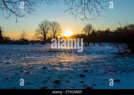 Sonnenuntergang auf einer verschneiten Wiese Nähe Baden-Baden Foto Stock