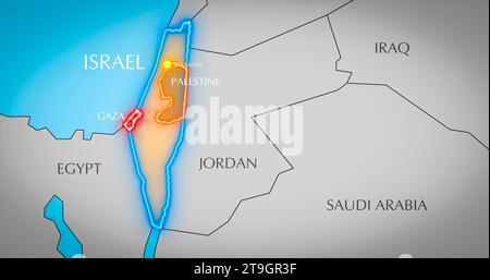 Mappa di Israele, Palestina e Striscia di Gaza. Conflitto tra Israele e Hamas nella Striscia di Gaza. Foto Stock