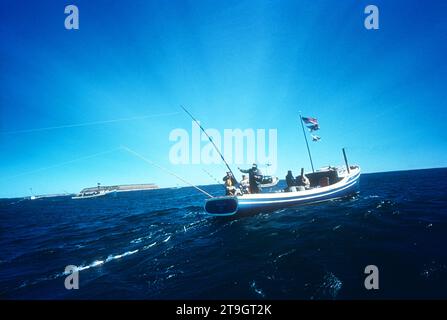 WEDGEPORT, NS - 11 SETTEMBRE: Vista generale del Benny B durante l'International Tuna Cup 1955 l'11 settembre 1955 al largo della costa di Wedgeport, nuova Scozia, Canada. (Foto di Hy Peskin) Foto Stock