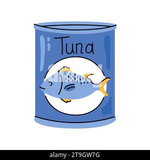 Elemento colorante della lattina di tonno disegnata a mano. Cartone animato cibo non trasformato. Illustrazione vettoriale isolata. Illustrazione Vettoriale