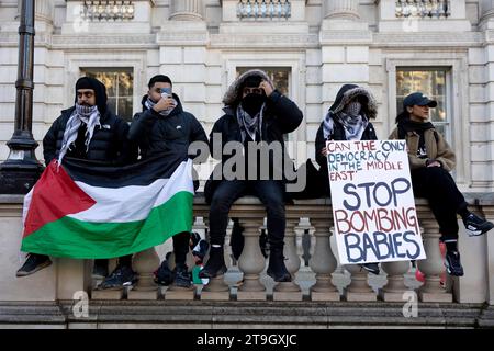 Londra, Regno Unito. 25 novembre 2023. I sostenitori pro-palestinesi hanno visto sedersi su un muro a Whitehall con una bandiera palestinese e un cartello durante la marcia. I sostenitori pro-palestinesi continuano a marciare nel centro di Londra per chiedere un cessate il fuoco permeato della guerra Israele-Gaza dopo la guerra scoppiata all'inizio di ottobre. (Foto di Hesther ng/SOPA Images/Sipa USA) credito: SIPA USA/Alamy Live News Foto Stock