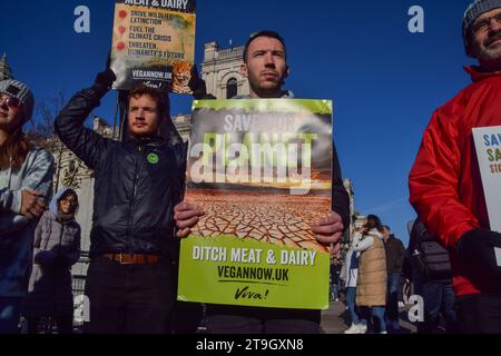 Londra, Regno Unito. 25 novembre 2023. Gli attivisti hanno organizzato una manifestazione in Piazza del Parlamento prima della COP28, invitando il governo a passare a una dieta basata sulle piante come parte dei loro impegni climatici. Credito: Vuk Valcic/Alamy Live News Foto Stock