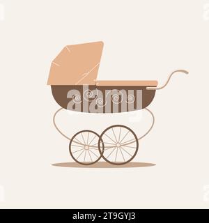 Grazioso passeggino unisex di lusso nei colori beige e marrone su sfondo chiaro. Trasporto per la cura dei neonati e delle passeggiate. Illustrazione raster piatta Foto Stock