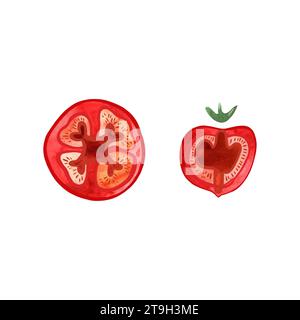 Fette di pomodoro. Condimento per pizza. Illustrazione ad acquerello isolata su sfondo bianco per menu e ricette Foto Stock