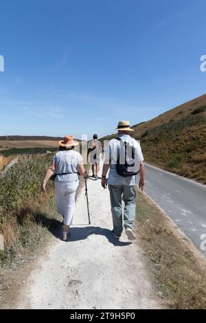 Gli escursionisti camminano lungo il sentiero High Down fino ad Alum Bay sull'Isola di Wight, Inghilterra Foto Stock