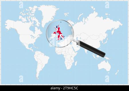 Lente di ingrandimento che mostra una mappa del Regno Unito su una mappa del mondo. La bandiera del Regno Unito e la mappa si ingrandiscono nell'obiettivo. Illustrazione vettoriale. Illustrazione Vettoriale