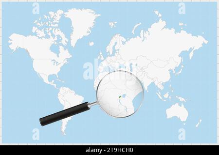 Lente di ingrandimento che mostra una mappa del Ruanda su una mappa del mondo. La bandiera Ruanda e la mappa si ingrandiscono nell'obiettivo. Illustrazione vettoriale. Illustrazione Vettoriale
