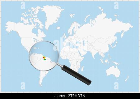 Lente di ingrandimento che mostra una mappa della Guyana su una mappa del mondo. La bandiera della Guyana e la mappa si ingrandiscono nell'obiettivo. Illustrazione vettoriale. Illustrazione Vettoriale