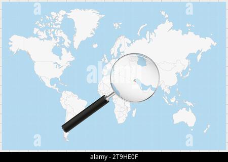 Lente di ingrandimento che mostra una mappa del Kuwait su una mappa del mondo. La bandiera del Kuwait e la mappa si ingrandiscono nell'obiettivo. Illustrazione vettoriale. Illustrazione Vettoriale