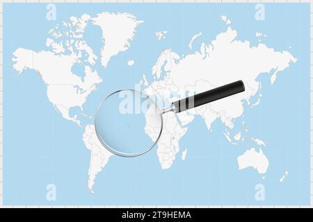 Lente di ingrandimento che mostra una mappa di Capo Verde su una mappa del mondo. La bandiera di Capo Verde e la mappa si ingrandiscono nell'obiettivo. Illustrazione vettoriale. Illustrazione Vettoriale