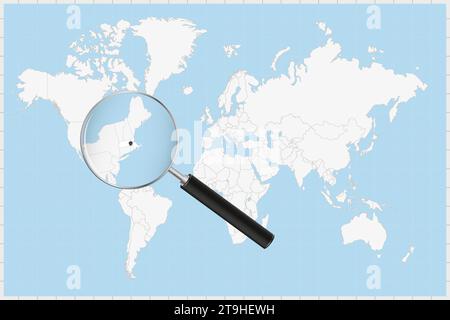 Lente di ingrandimento che mostra una mappa del Massachusetts su una mappa del mondo. La bandiera del Massachusetts e la mappa si ingrandiscono nell'obiettivo. Illustrazione vettoriale. Illustrazione Vettoriale