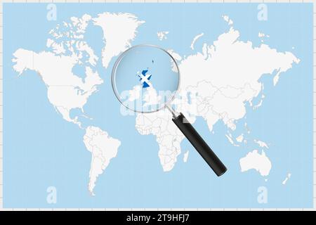 Lente di ingrandimento che mostra una mappa della Scozia su una mappa del mondo. La bandiera e la mappa della Scozia si ingrandiscono nell'obiettivo. Illustrazione vettoriale. Illustrazione Vettoriale