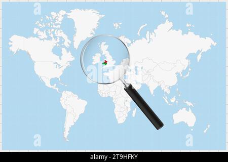 Lente di ingrandimento che mostra una mappa del Galles su una mappa del mondo. La bandiera del Galles e la mappa si ingrandiscono nell'obiettivo. Illustrazione vettoriale. Illustrazione Vettoriale