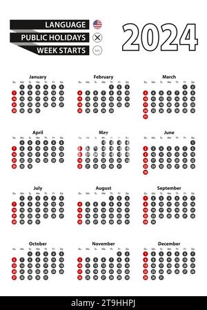 Calendario inglese 2024 con numeri in cerchio, la settimana inizia la domenica. Illustrazione vettoriale. Illustrazione Vettoriale