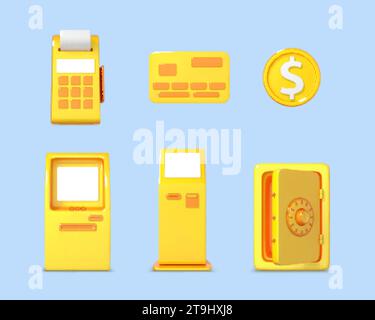 Set di icone 3D sul tema del denaro e della finanza. Design moderno e alla moda. Illustrazione 3d vettoriale Illustrazione Vettoriale