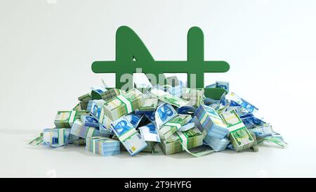 Le note di naira nigeriana si diffondono intorno al testo del segno di naira 3D. testo 3d davanti alle note bancarie.rendering 3d. Foto Stock