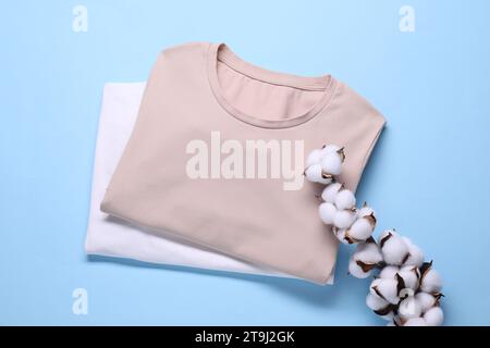 Rametto di cotone con fiori soffici e t-shirt su sfondo azzurro, vista dall'alto Foto Stock