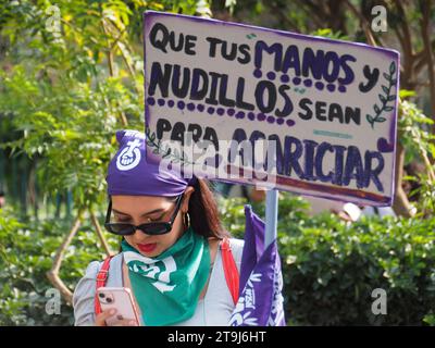 Lima, Perù. 25 novembre 2023. "Che le tue mani e le tue nocche siano per accarezzare" si legge su uno striscione quando centinaia di donne sono scese per la strada di Lima nell'ambito delle attività della giornata internazionale per l'eliminazione della violenza contro le donne, evento che viene commemorato annualmente il 25 novembre, la data in cui le tre sorelle Mirabal (Patria, Minerva e María Teresa) furono uccise. Nella Repubblica Dominicana su 1960. Credito: Agenzia stampa Fotoholica/Alamy Live News Foto Stock