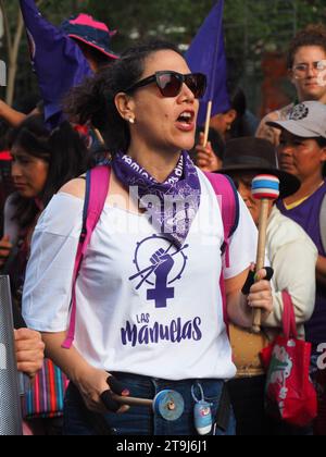 Lima, Perù. 25 novembre 2023. Donna con una t-shirt con il simbolo femminista, quando centinaia di donne sono scese per la strada di Lima nell'ambito delle attività della giornata internazionale per l'eliminazione della violenza contro le donne, evento che viene commemorato annualmente il 25 novembre, la data in cui le tre sorelle Mirabal (Patria, Minerva e María Teresa) furono uccise. Nella Repubblica Dominicana su 1960. Credito: Agenzia stampa Fotoholica/Alamy Live News Foto Stock