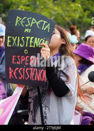 Lima, Perù. 25 novembre 2023. "Rispetta la mia esistenza o aspettati resistenza" si legge su un cartello quando centinaia di donne sono scese per la strada di Lima nell'ambito delle attività della giornata internazionale per l'eliminazione della violenza contro le donne, evento che viene commemorato annualmente il 25 novembre, la data in cui le tre sorelle Mirabal (Patria, Minerva e María Teresa) furono uccise. Nella Repubblica Dominicana su 1960. Credito: Agenzia stampa Fotoholica/Alamy Live News Foto Stock