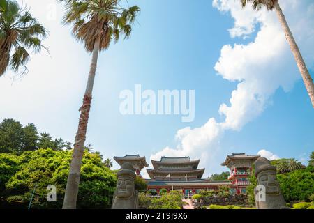 Tempio di Yakcheonsa con palma nell'isola di Jeju, Corea Foto Stock