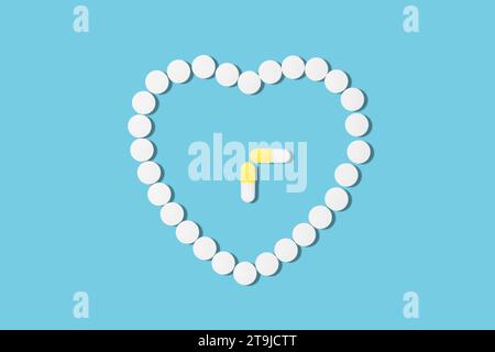 Pillole mediche a forma di cuore su sfondo blu e due pillole gialle, che simboleggiano il ciclo di assunzione di farmaci. Foto Stock