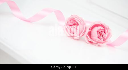 Due a forma di cuore di rose rosse e nastri isolati su sfondo bianco, il giorno di San Valentino Foto Stock