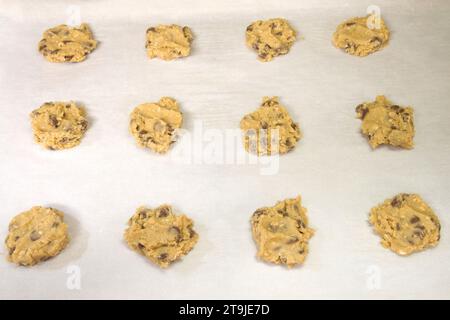 File di pasta fresca con scaglie di cioccolato e farinata d'avena, cucchiai su carta pergamena, pronta per la cottura. Foto Stock