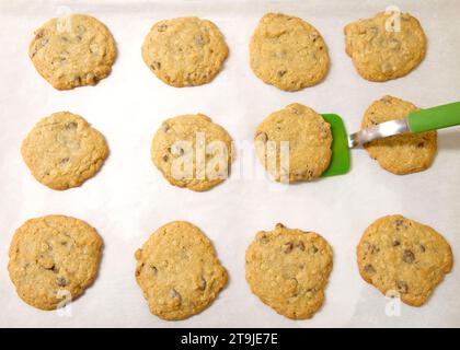 File di biscotti appena sfornati con scaglie di cioccolato e farinata d'avena su carta pergamena, spatola verde in silicone che solleva un biscotto dalla teglia da forno. Foto Stock