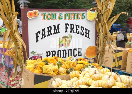 Half Moon Bay, CA - 15 ottobre 2022: Insegna dei prodotti freschi di Tom and Pete's Farm presso il loro negozio all'esterno dell'Half Moon Bay Pumpkin Festival. Foto Stock