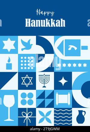 Buon biglietto d'auguri Hanukkah. Sfondo Bauhaus con forme ed elementi semplici. Carta minimalista alla moda. Illustrazione vettoriale in stile neo geometrico Illustrazione Vettoriale