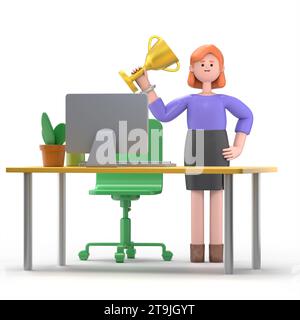 Illustrazione 3D della donna d'affari europea Ellen sorridente con trofeo e certificato di premio in stand vicino al tavolo nel luogo di lavoro dell'ufficio. Scrivania da ufficio, computer chai Foto Stock