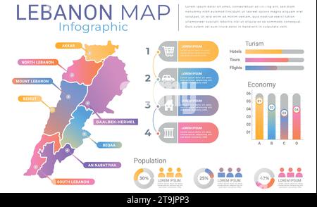 Infografica Labonaon Map, mappa a colori completa con passo e opzione, diagramma di flusso, pi chat, linea temporale, mappa dei comandi, veicolo eps 10. Illustrazione Vettoriale