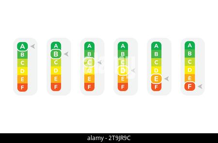 Classe energetica o serie di etichette vettoriali di classificazione. Tabella per le etichette di efficienza degli apparecchi elettrici. Illustrazione Vettoriale