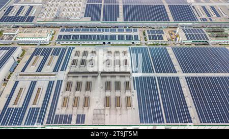 (231126) -- CHONBURI, 26 novembre 2023 (Xinhua) -- questa foto aerea scattata il 7 novembre 2023 mostra il tetto solare in una fabbrica di pneumatici nella provincia di Chonburi, Thailandia. La società cinese Prinx Chengshan Tire e WHA Utilities and Power (WHAUP) della Thailandia hanno costruito congiuntamente un tetto solare per la fabbrica di pneumatici nella provincia di Chonburi. La prima fase del progetto è iniziata alla fine di novembre 2022, con una capacità installata di 19,44 MW. Si prevede che la seconda fase del progetto sarà completata nel 2024, con la quale la capacità totale installata raggiungerà i 24,24 MW, in grado di ridurne 3 Foto Stock