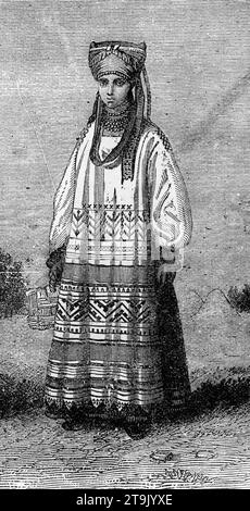 Ritratto inciso di una contadina russa in costume tradizionale. Pubblicato intorno al 1887 Foto Stock
