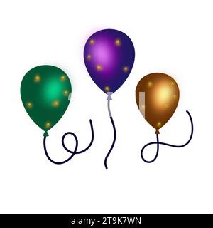 illustrazione di un palloncino verde, oro e viola per una celebrazione su sfondo bianco disegnato a mano per qualsiasi scopo. Foto Stock