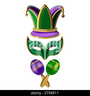 maschera di cappello jester e maracas elementi di mardi gras illustrazioni disegnate a mano su sfondo bianco Foto Stock