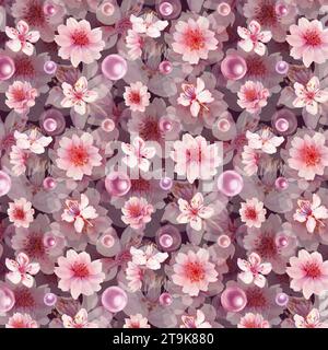 Motivi rosa acquerello senza cuciture con illustrazioni disegnate a mano di fiori di ciliegio e perla per matrimonio, compleanno, giornata internazionale della donna, Foto Stock
