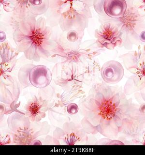 Motivi rosa acquerello senza cuciture con illustrazioni disegnate a mano di fiori di ciliegio e perla per matrimonio, compleanno, giornata internazionale della donna, Foto Stock