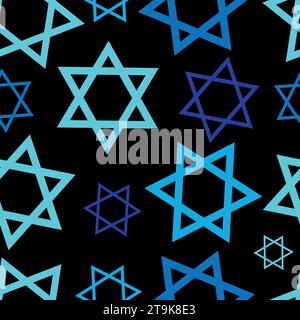 Motivo senza cuciture Israel Magen David STAR per stampa, Web, decorazioni di design, carte di credito, sfondo. Stelle di David su sfondo nero Illustrazione Vettoriale